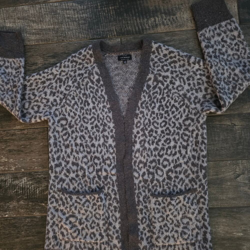 #522 Lucky Brand Charcoal Animal Print Cardigan